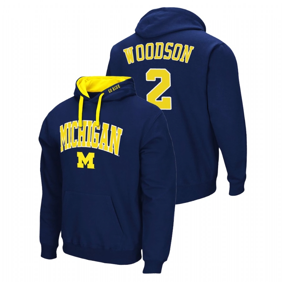 Michigan Wolverines Men's NCAA Charles Woodson #2 Navy Arch & Logo 2.0 Pullover College Football Hoodie LRZ0549KQ